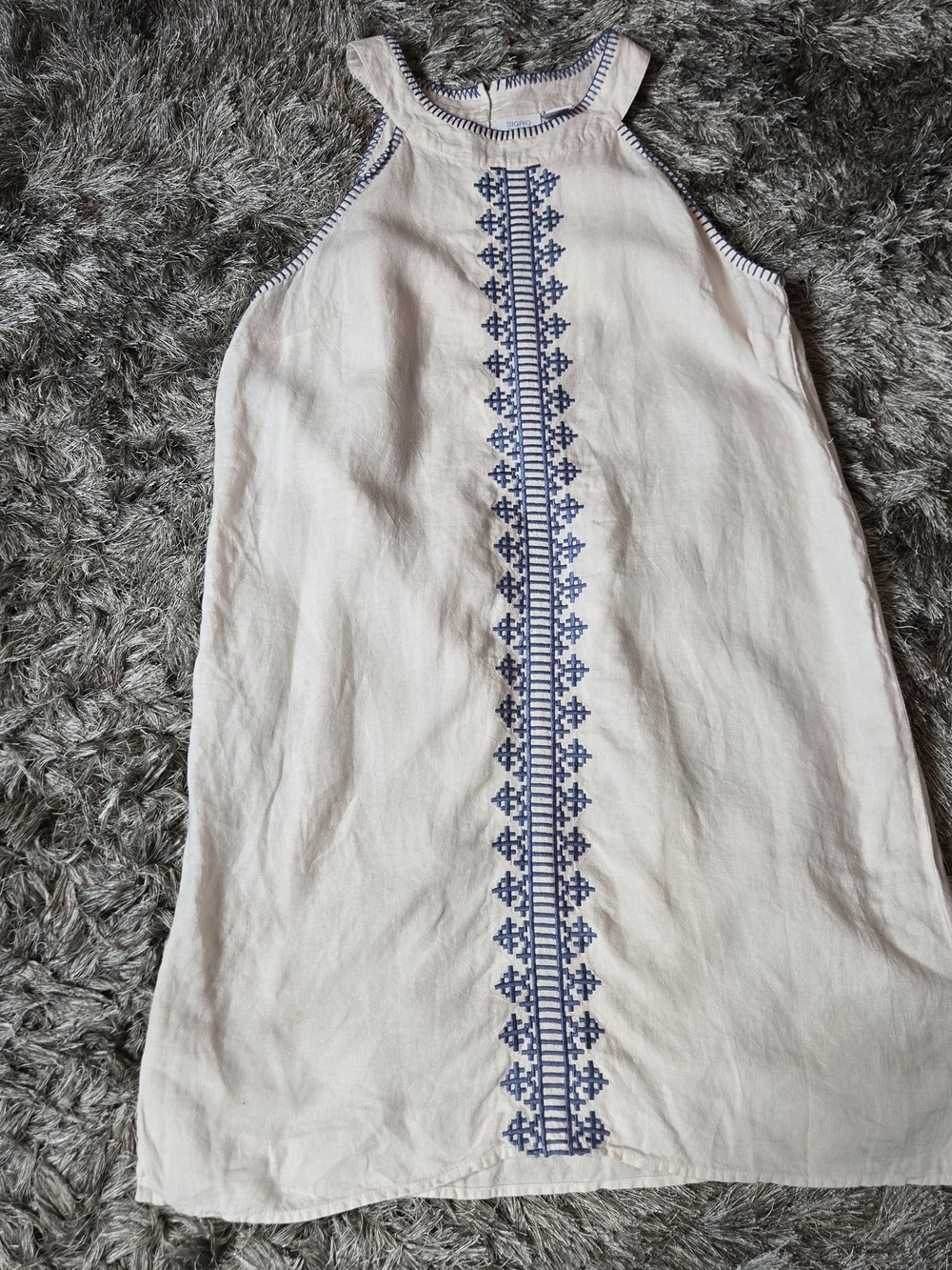 Sigrid Olsen White Linen Midi Dress with Blue Embroidery